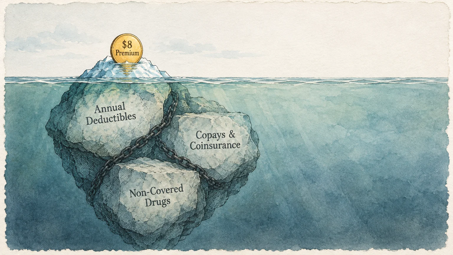 Illustration of an iceberg with an $8 premium coin above water and submerged rocks chained with hidden healthcare costs.