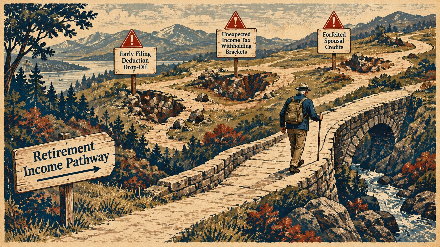An older hiker crosses a stone bridge along a mountain trail marked with warning signs about retirement pitfalls.