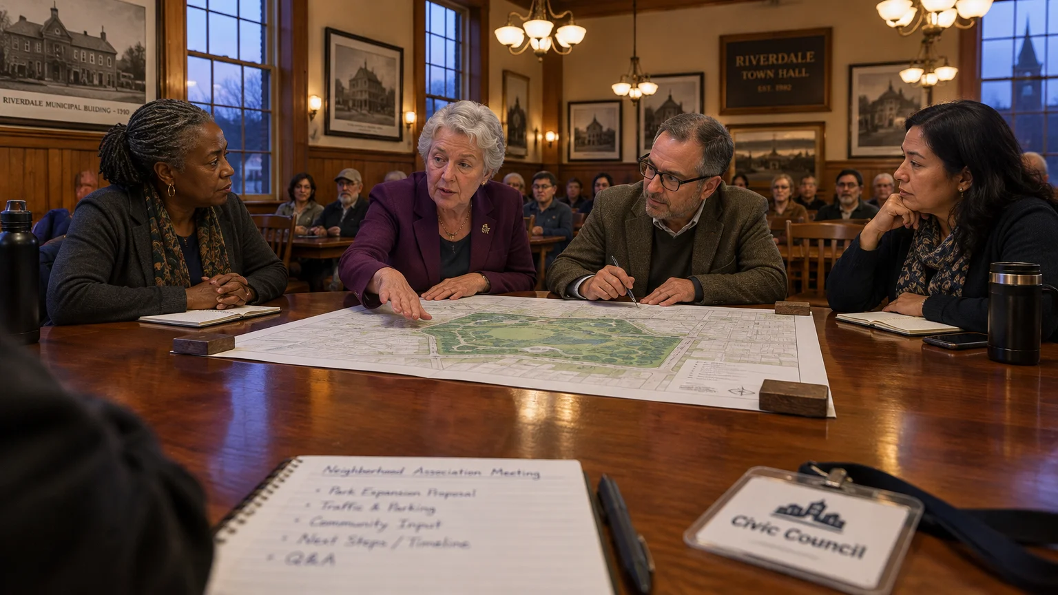 Four people sit around a wooden table in a town hall discussing a large park map with an audience seated behind them.