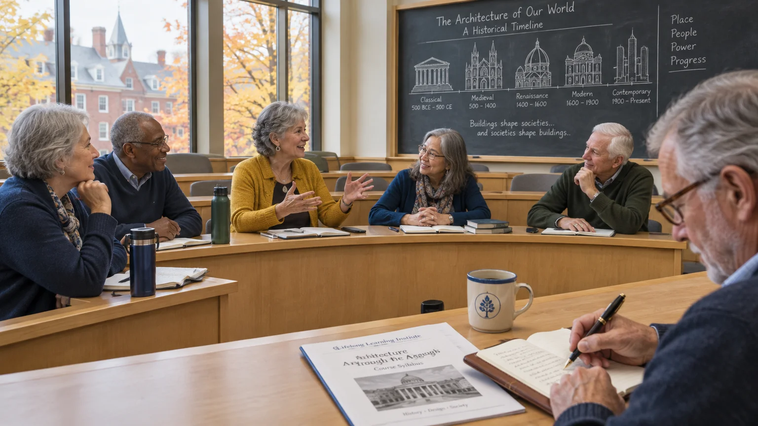 Older adults sitting around a curved wooden classroom desk talking before a chalkboard illustrated with architecture history.