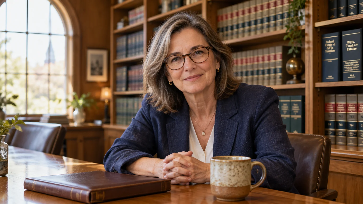 A woman with glasses and a blue blazer sits at a wooden table in front of bookshelves filled with legal volumes.