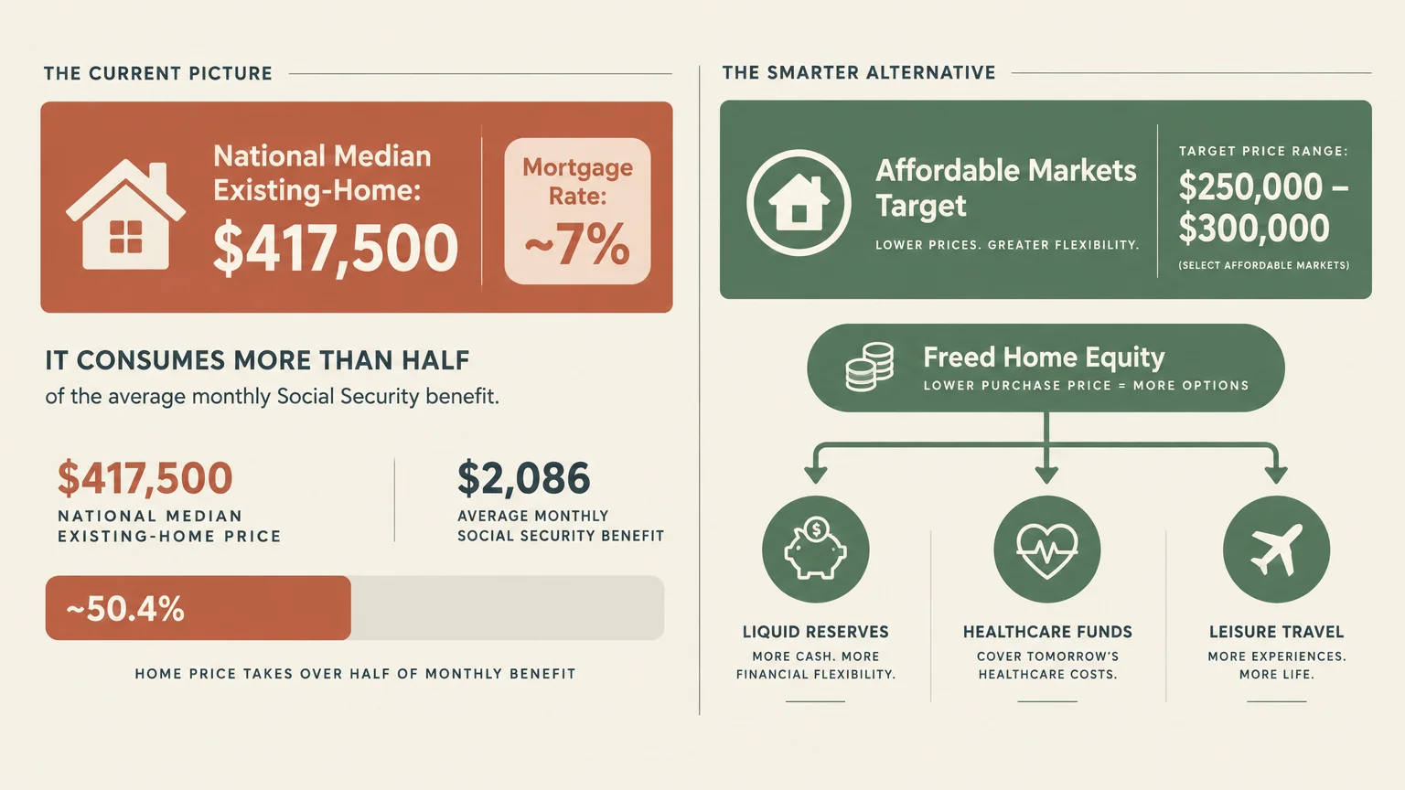 Diagram comparing high national housing costs consuming over half of Social Security benefits against affordable market options.