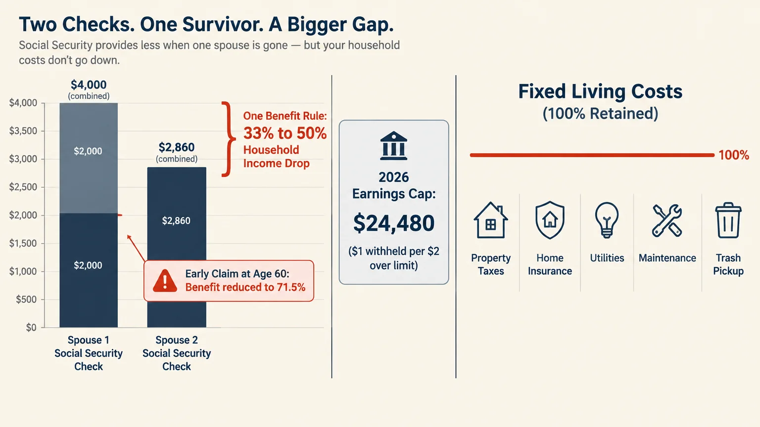 Infographic comparing reduced Social Security benefit checks against fully retained fixed living costs.