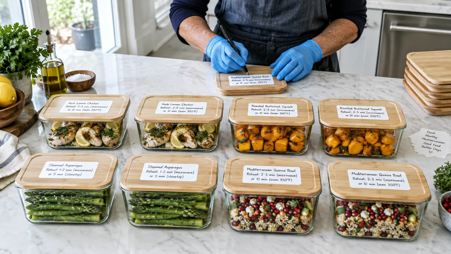 Gloved hands label glass meal prep containers filled with chicken, asparagus, squash, and quinoa salad on a counter.