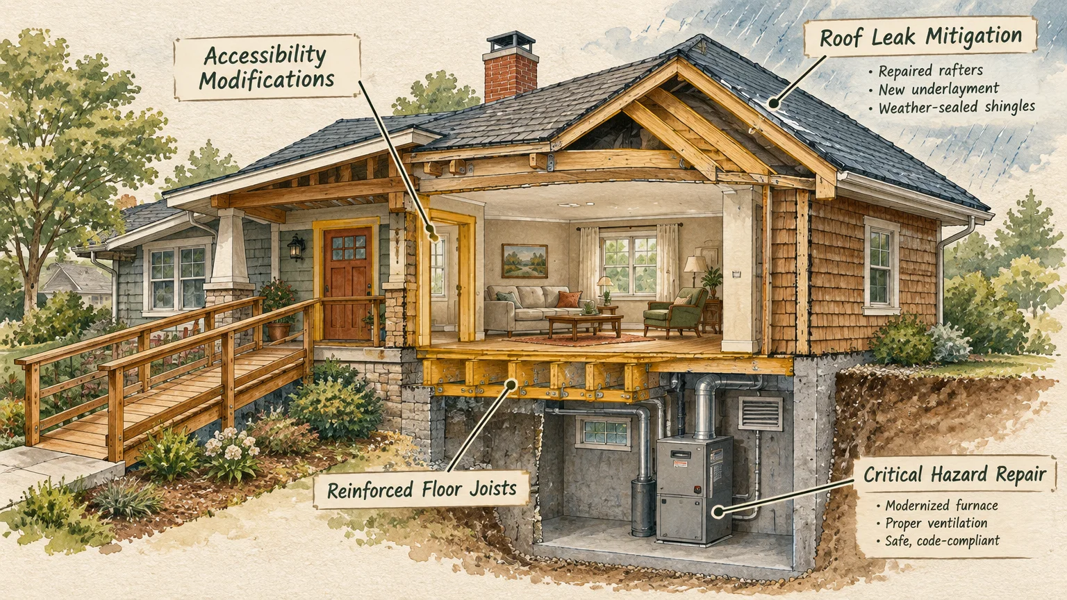 Cutaway illustration of a house showing a wheelchair ramp, living room, reinforced floor joists, furnace, and roof repairs.