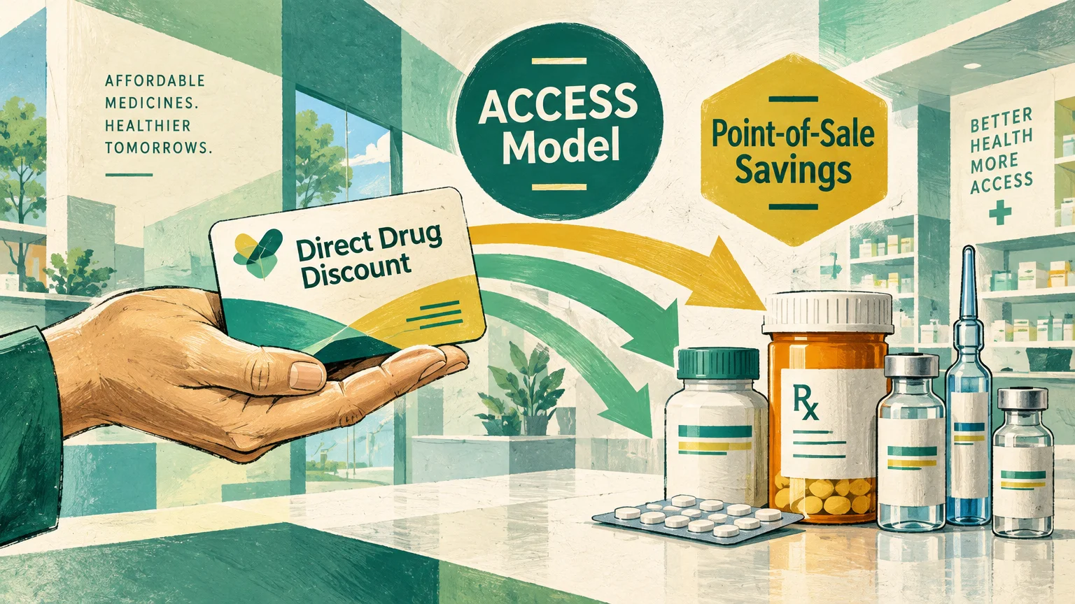 Hand holding a discount card pointing arrows to medicine bottles, with ACCESS Model and Point-of-Sale Savings graphics.
