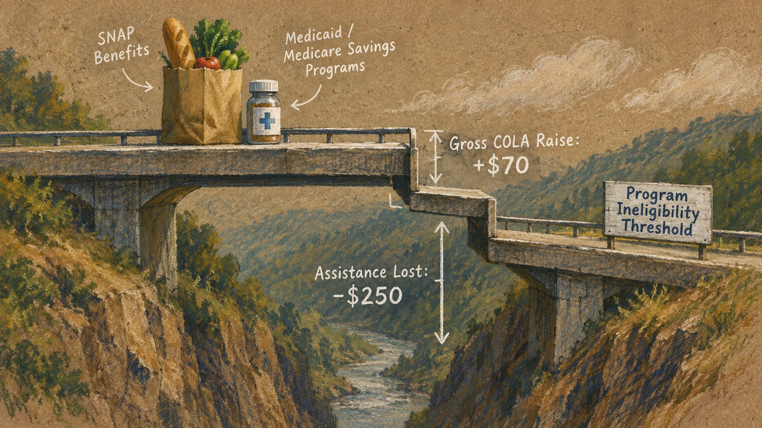 Illustration of a cracked stone bridge over a canyon showing stepped drop-offs labeled with benefit losses.