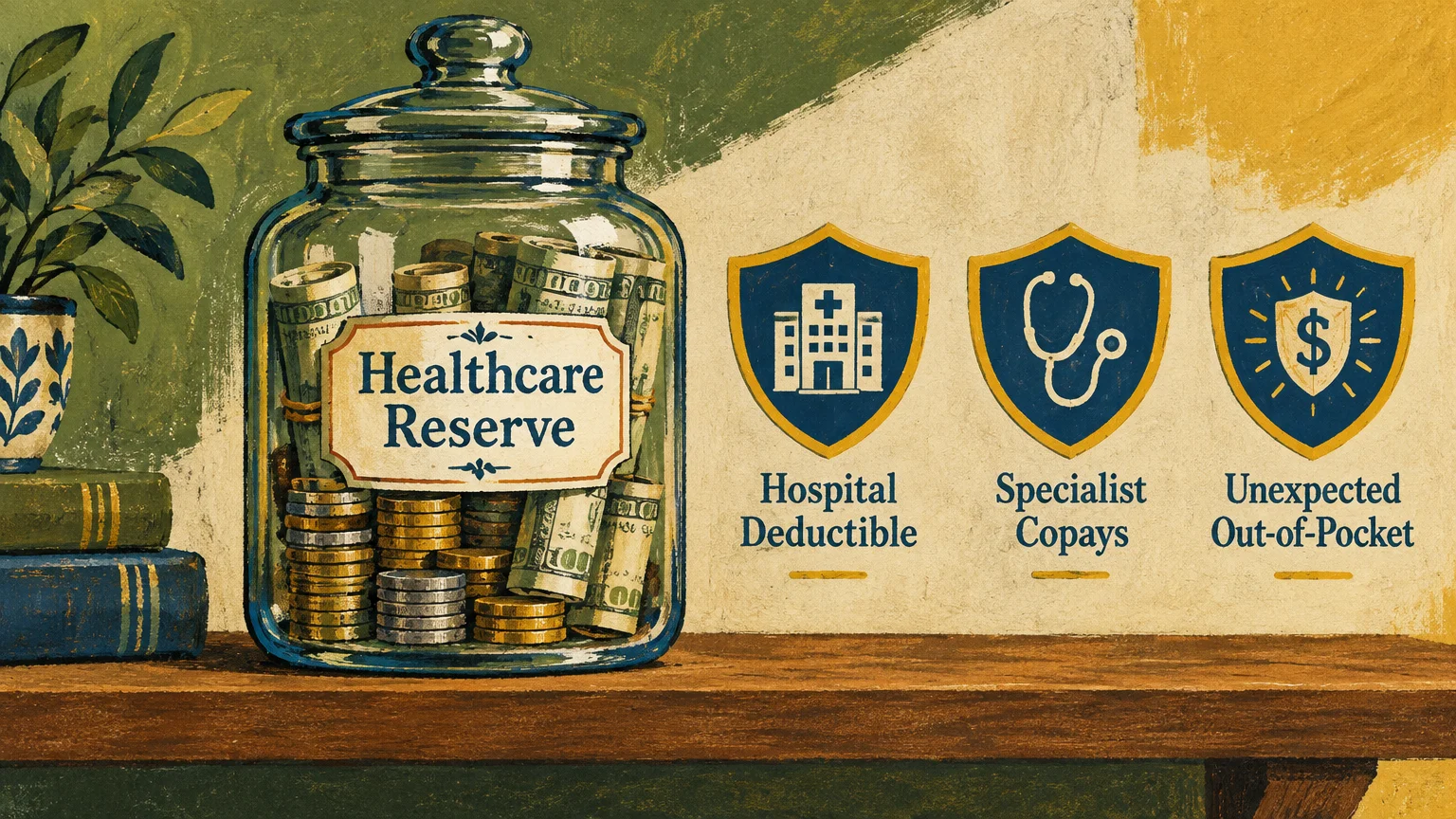 Glass jar labeled Healthcare Reserve filled with money beside shields for hospital deductible, copays, and out-of-pocket costs.