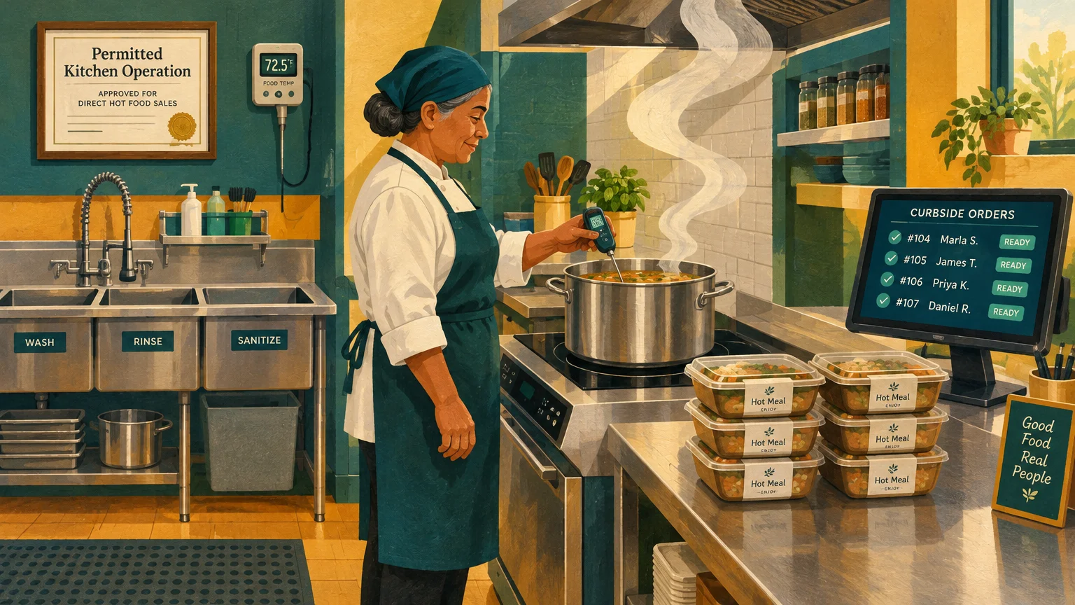 Illustration of a woman in an apron checking a steaming pot in a permitted home kitchen with packaged meals on a counter.