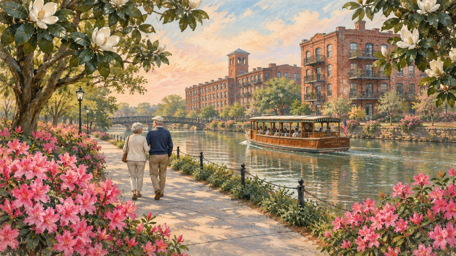 Older couple walking along a flower-lined canal path as a tour boat cruises past historic brick buildings.