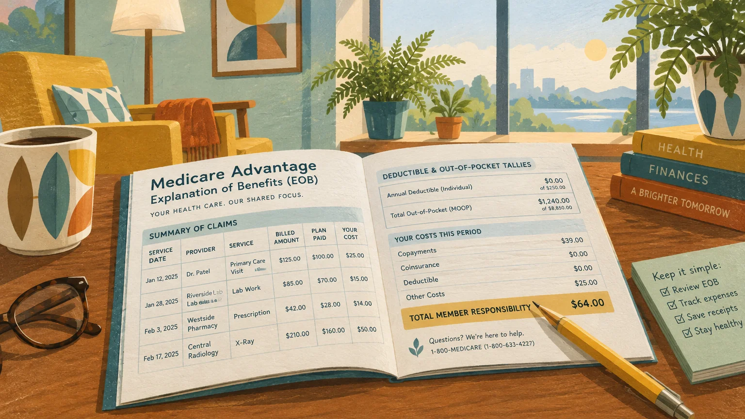 Open Medicare Advantage EOB booklet on a desk beside reading glasses, a pen, coffee mug, and stack of books.