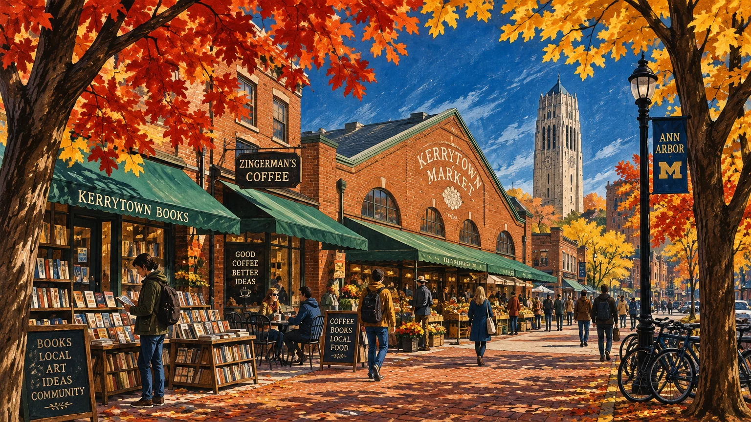 Illustration of Kerrytown Market shops and a bookstore along a brick street under bright autumn trees, with a distant tower.