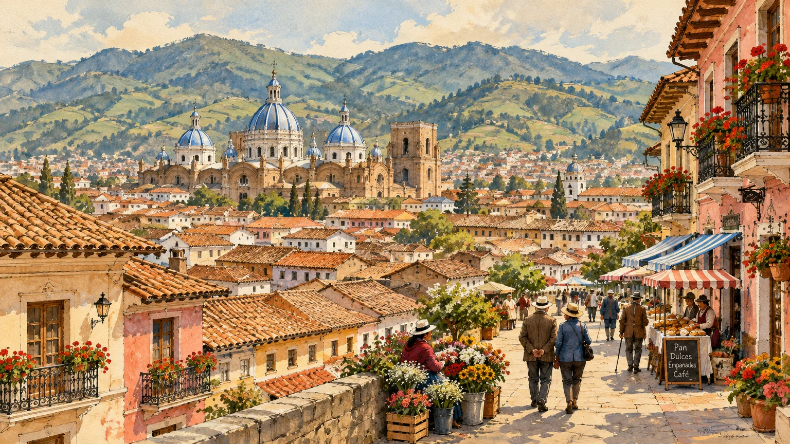 Watercolor illustration of a scenic Latin American hillside town with cathedral domes, tiled roofs, and street vendors.