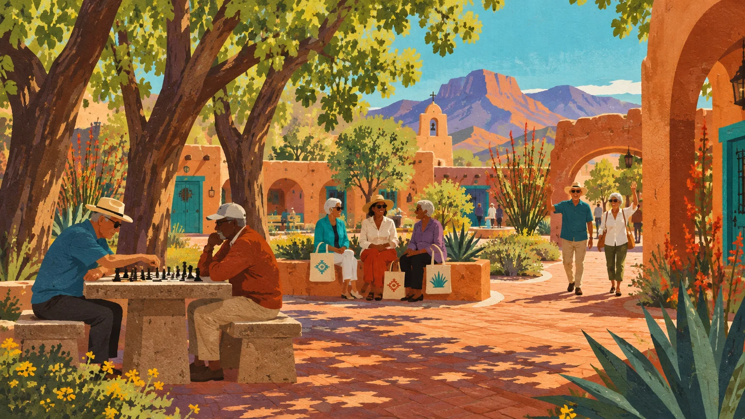 Seniors socialize, play chess, and walk through a sunlit, southwestern courtyard with adobe buildings and mountains.