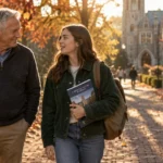 An older man and a young woman carrying a book walk together along a sunlit, tree-lined brick campus path in autumn.