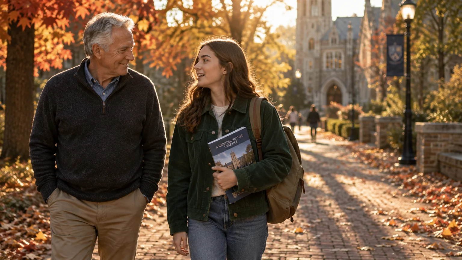 An older man and a young woman carrying a book walk together along a sunlit, tree-lined brick campus path in autumn.