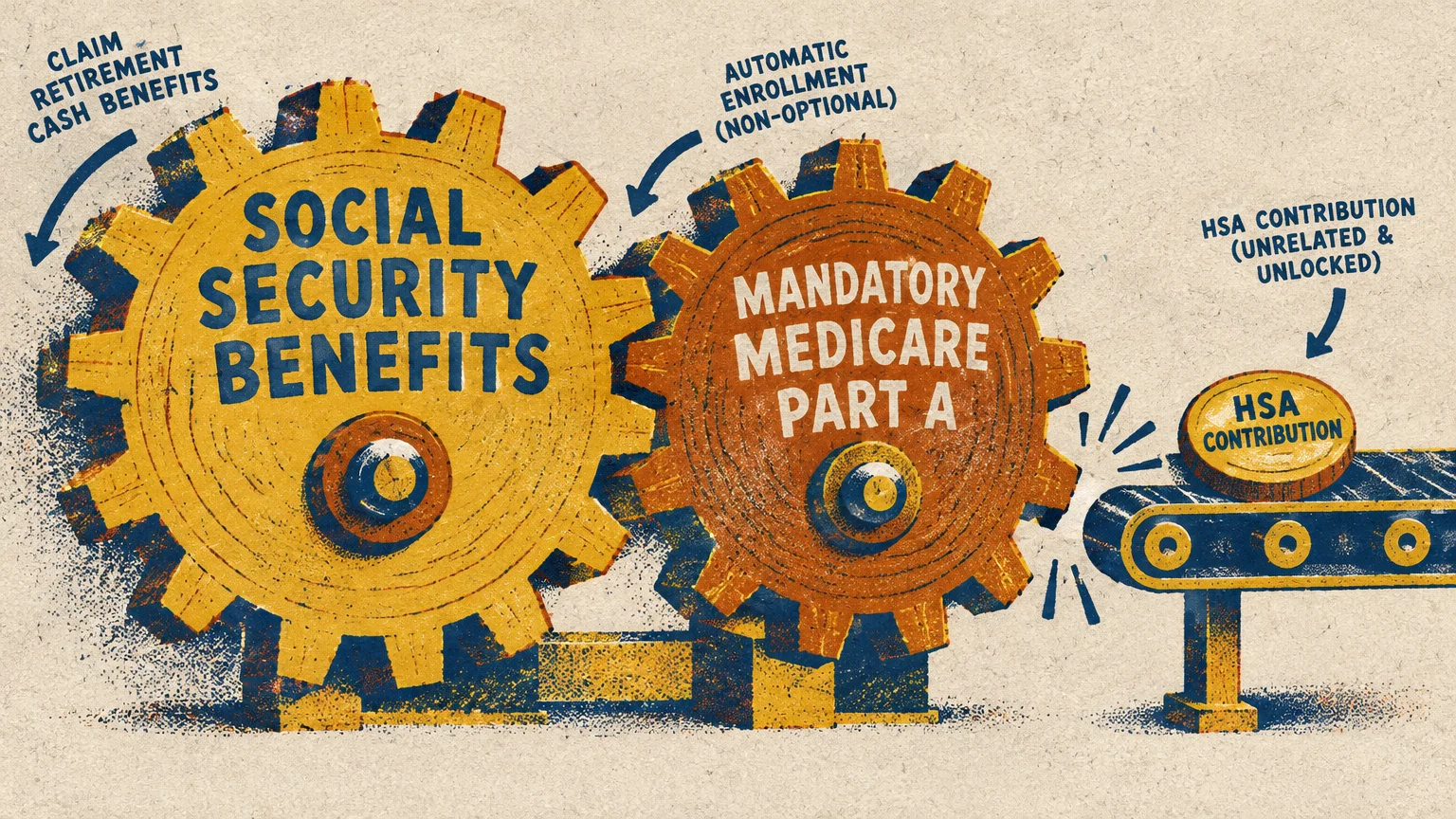 Illustration of interlocking gears labeled Social Security Benefits and Mandatory Medicare Part A next to an HSA coin.