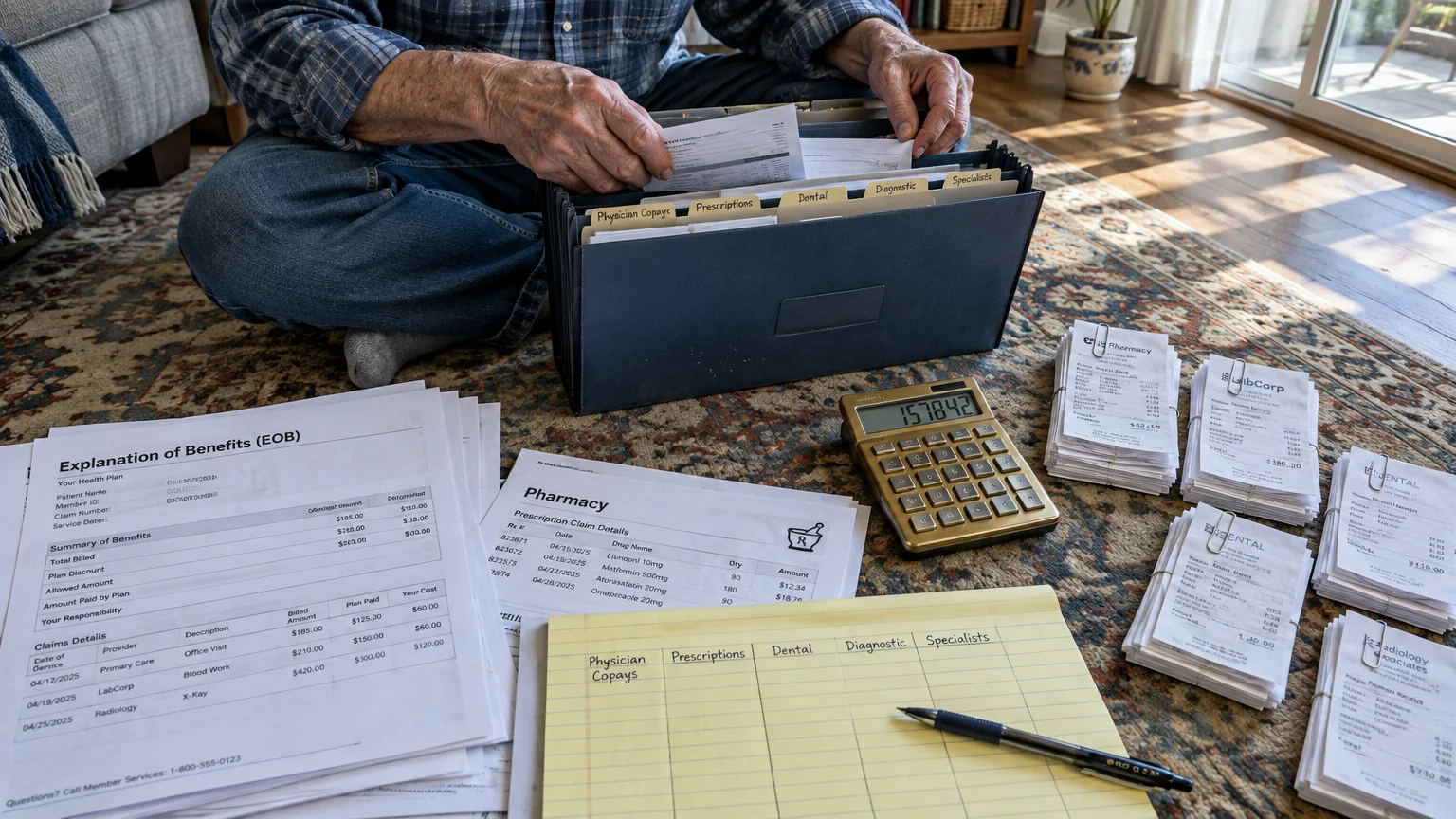 A person sits on a rug sorting medical receipts and explanation of benefits statements next to a calculator and folder.