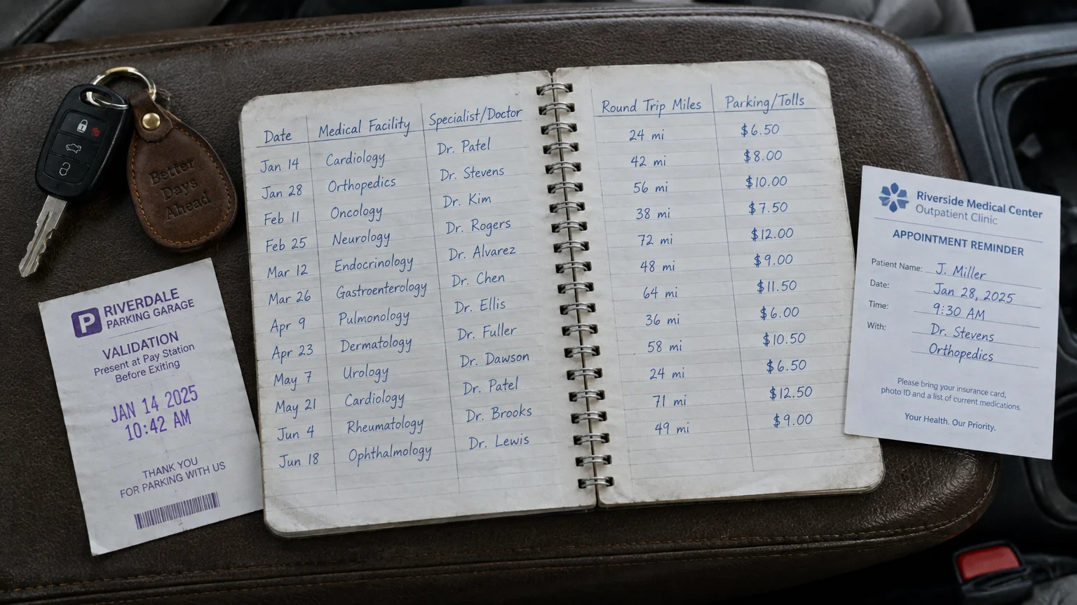 A handwritten medical travel log notebook beside car keys, a parking garage ticket, and an appointment reminder slip.