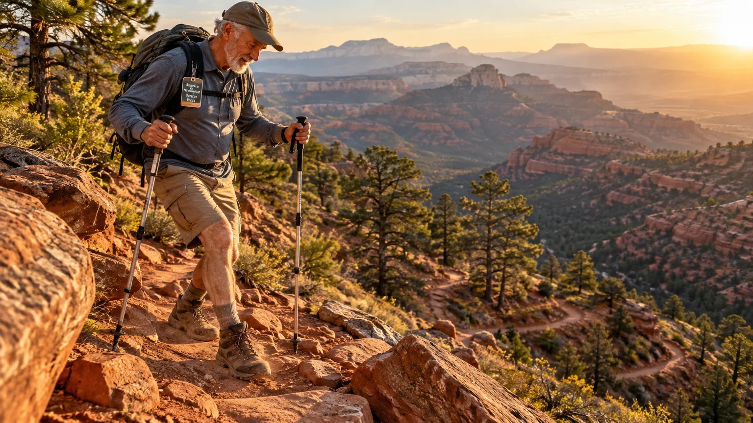 Senior man with trekking poles and a backpack hiking along a rocky red dirt canyon trail at sunset.