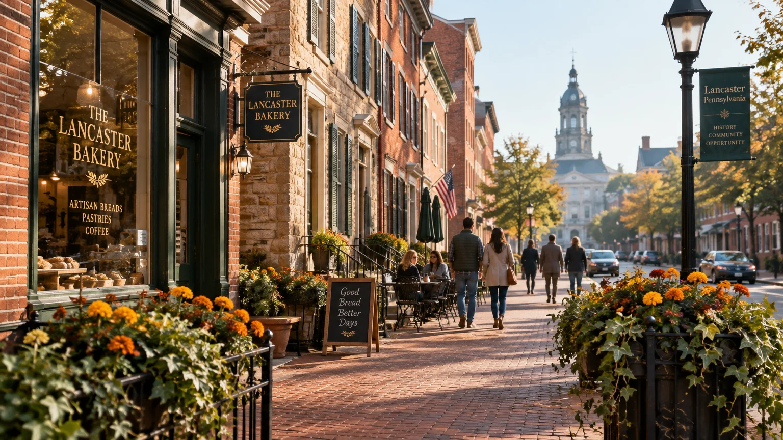 Pedestrians walk along a brick sidewalk lined with shops and flower planters in downtown Lancaster beneath a distant cupola.
