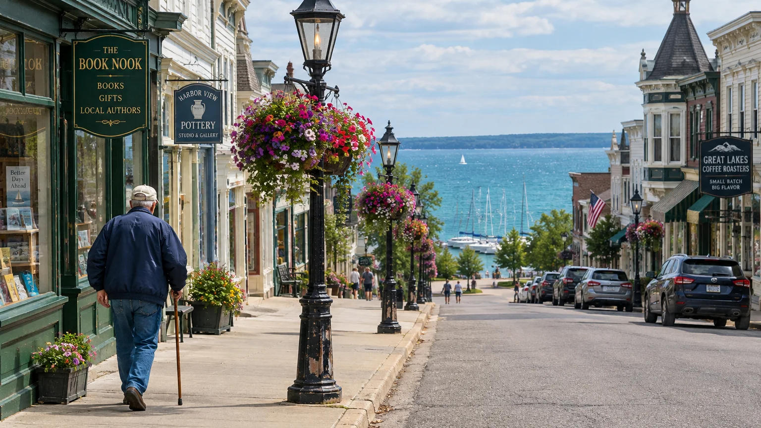 A man walks down a shop-lined street with hanging flower baskets toward a blue bay filled with sailboats.