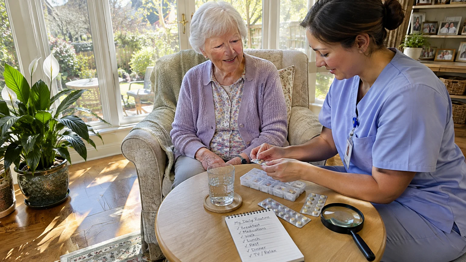 A caregiver in scrubs helps an elderly woman organize medication pills at a small table in a sunlit living room.