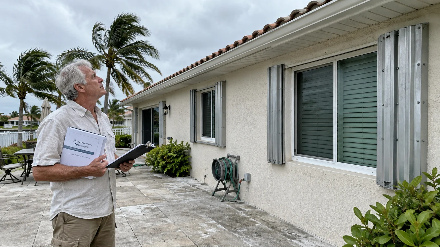 A man holding paperwork looks up at a single-story house with metal hurricane shutters on cloudy patio.