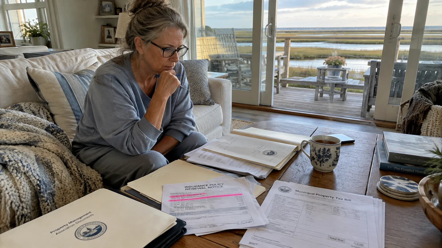 A woman with glasses sits on a couch looking intently at paperwork, tax bills, and insurance notices spread on a table.