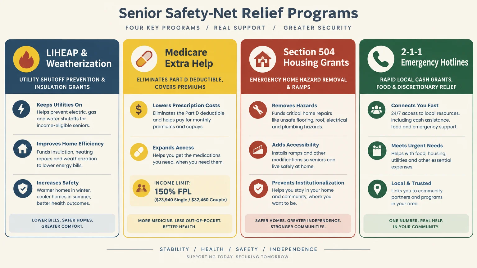 Infographic detailing four senior safety-net relief programs: LIHEAP and Weatherization, Medicare Extra Help, Section 504, and 2-1-1.