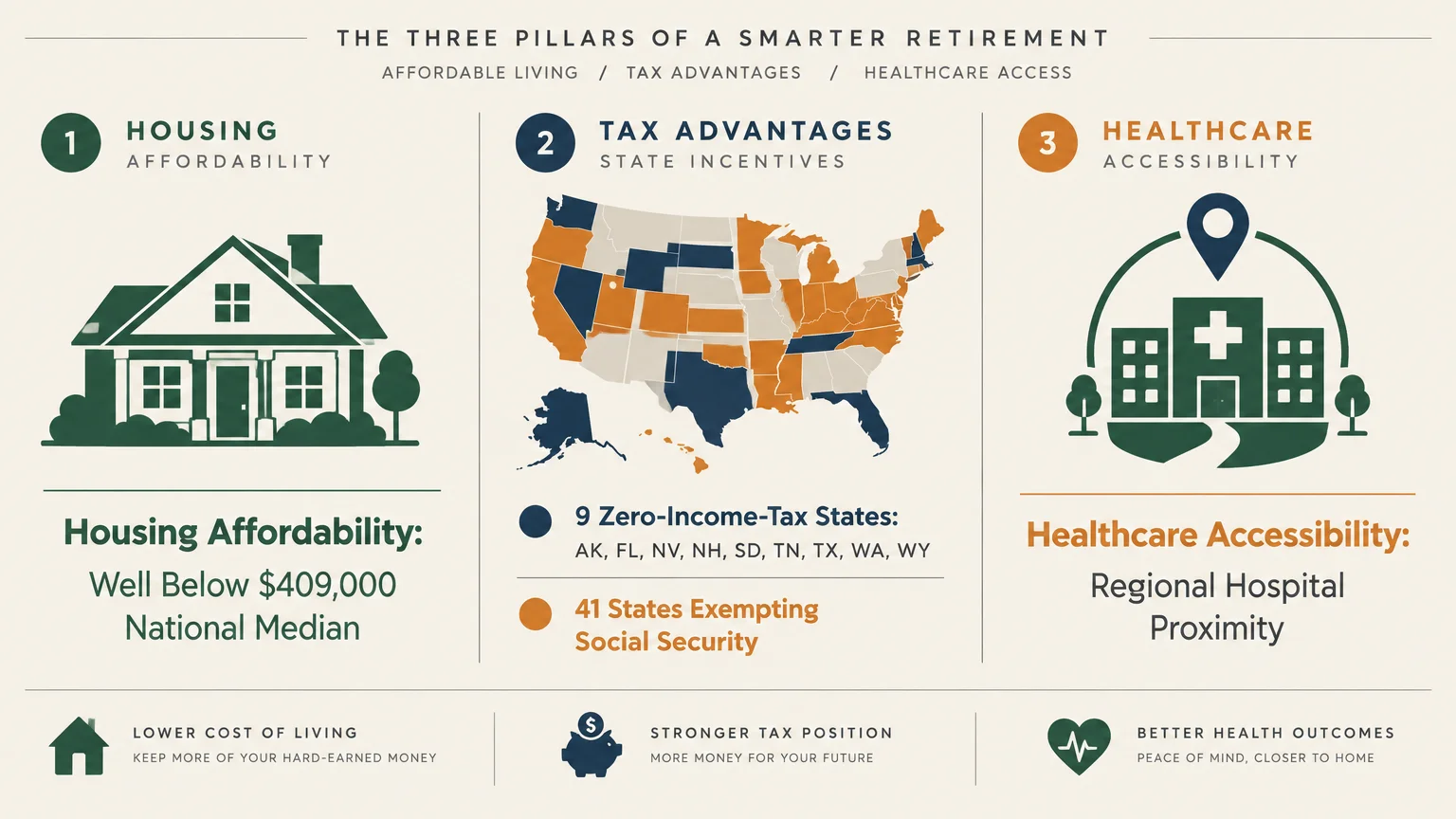 Diagram outlining three retirement pillars: housing affordability, tax advantages with a US map, and healthcare accessibility.