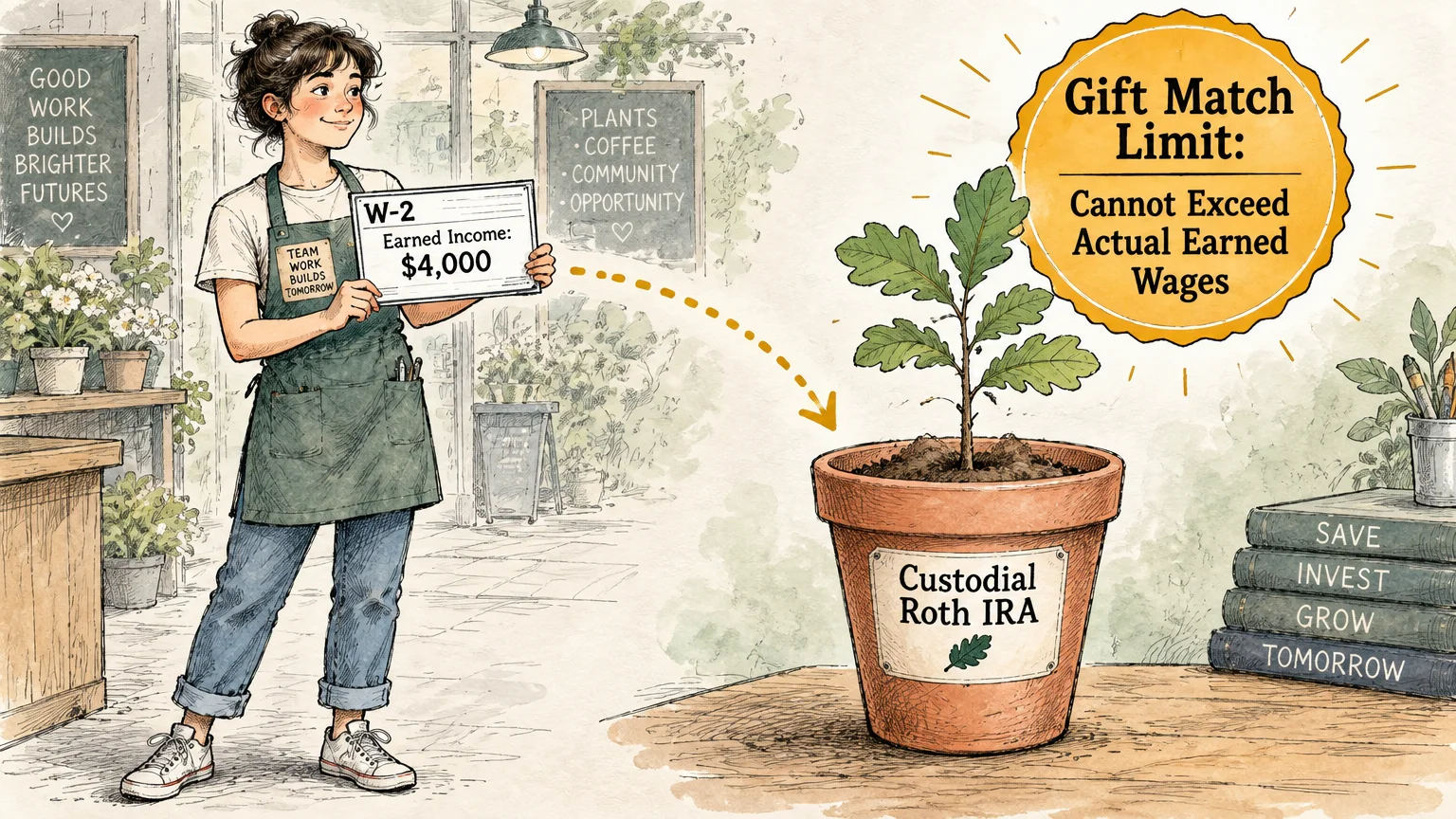 Illustration of a young worker holding a W-2 form next to an oak sapling in a Custodial Roth IRA pot.