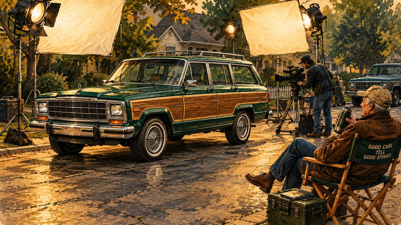 Vintage wood-paneled green station wagon illuminated by studio lights on a film set while a cameraman shoots.