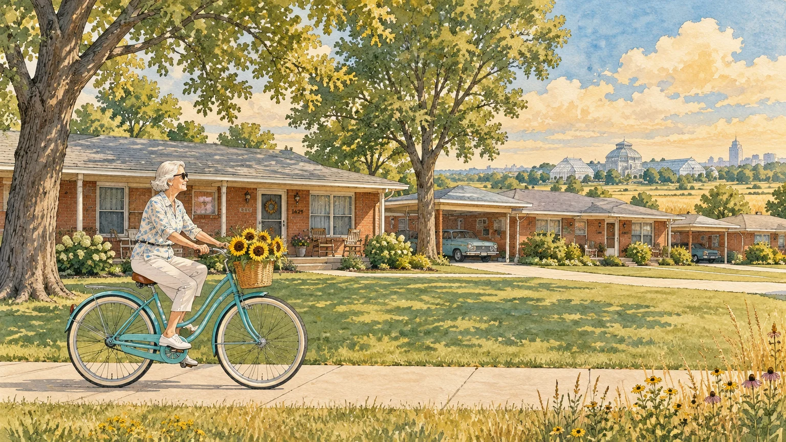 An older woman rides a bicycle carrying sunflowers along a sidewalk in front of suburban brick homes.
