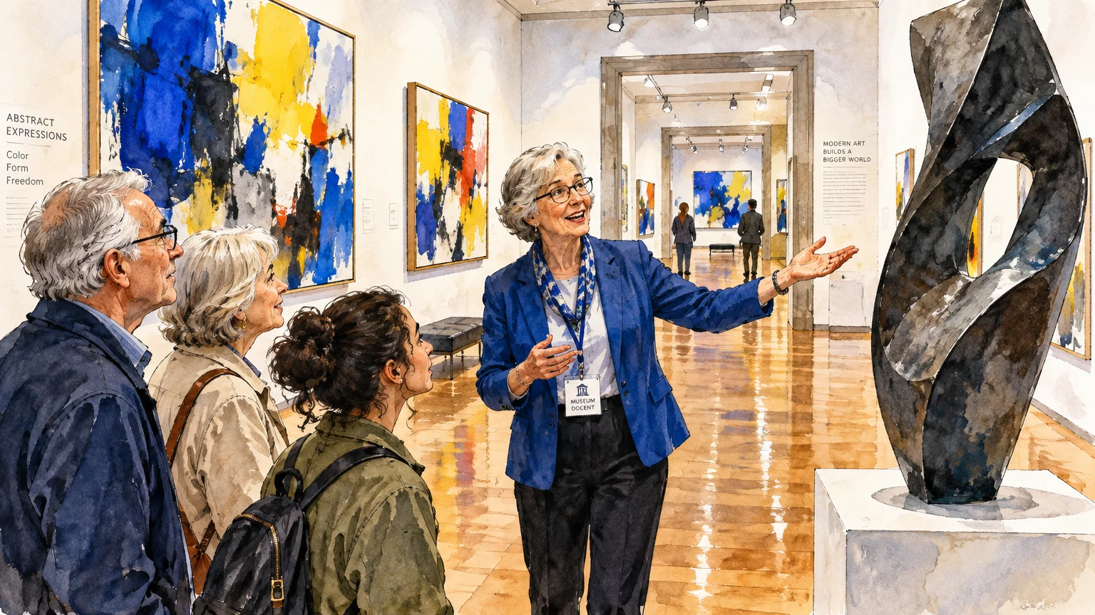 Watercolor illustration of a museum docent guiding three visitors past modern paintings toward a twisted dark sculpture.