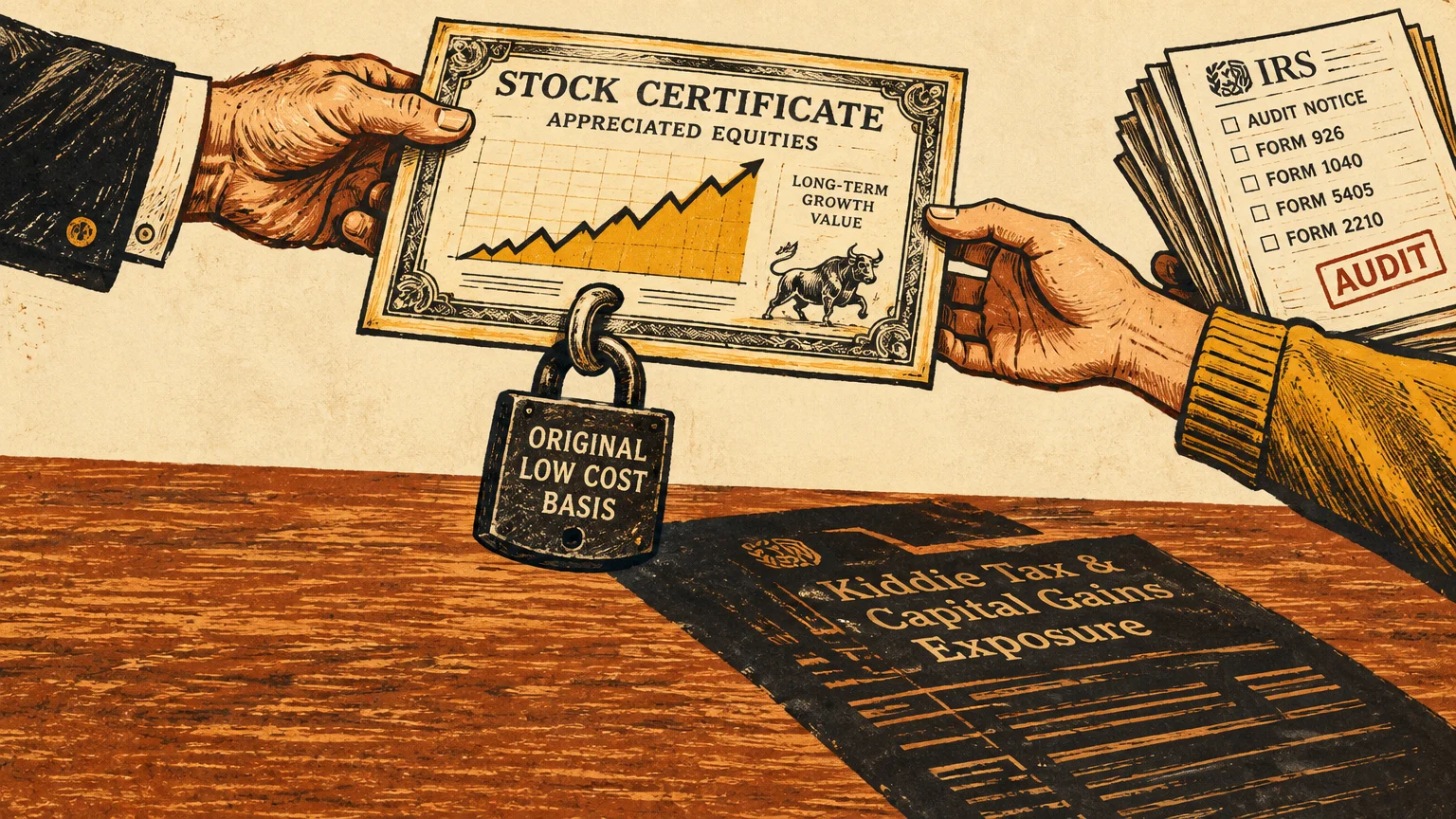 Hands passing a stock certificate with a padlock labeled Original Low Cost Basis over IRS documents on a wooden desk.