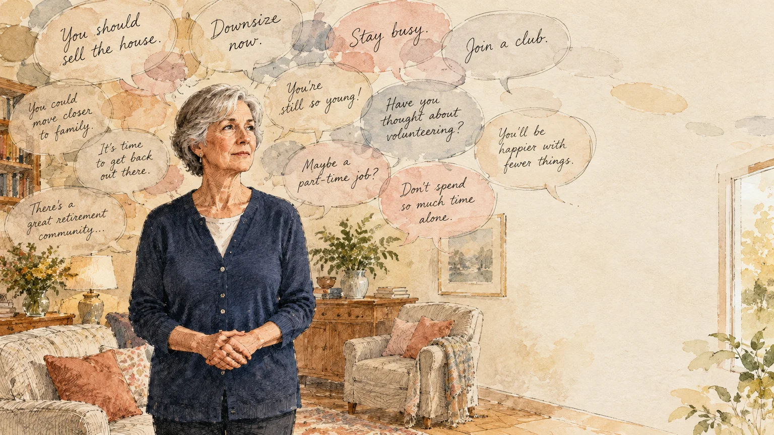 Watercolor illustration of a pensive senior woman in a living room surrounded by speech bubbles offering unsolicited advice.