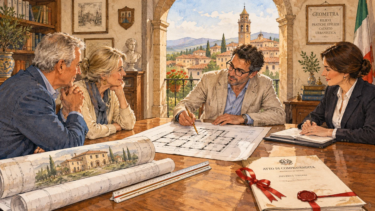 Illustration of an older couple meeting with professionals over architectural blueprints and Italian legal documents.