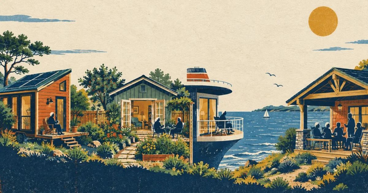 Illustration of seniors relaxing outside various coastal homes, including a tiny house on wheels and a boat-shaped cottage.