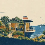 Illustration of seniors relaxing outside various coastal homes, including a tiny house on wheels and a boat-shaped cottage.
