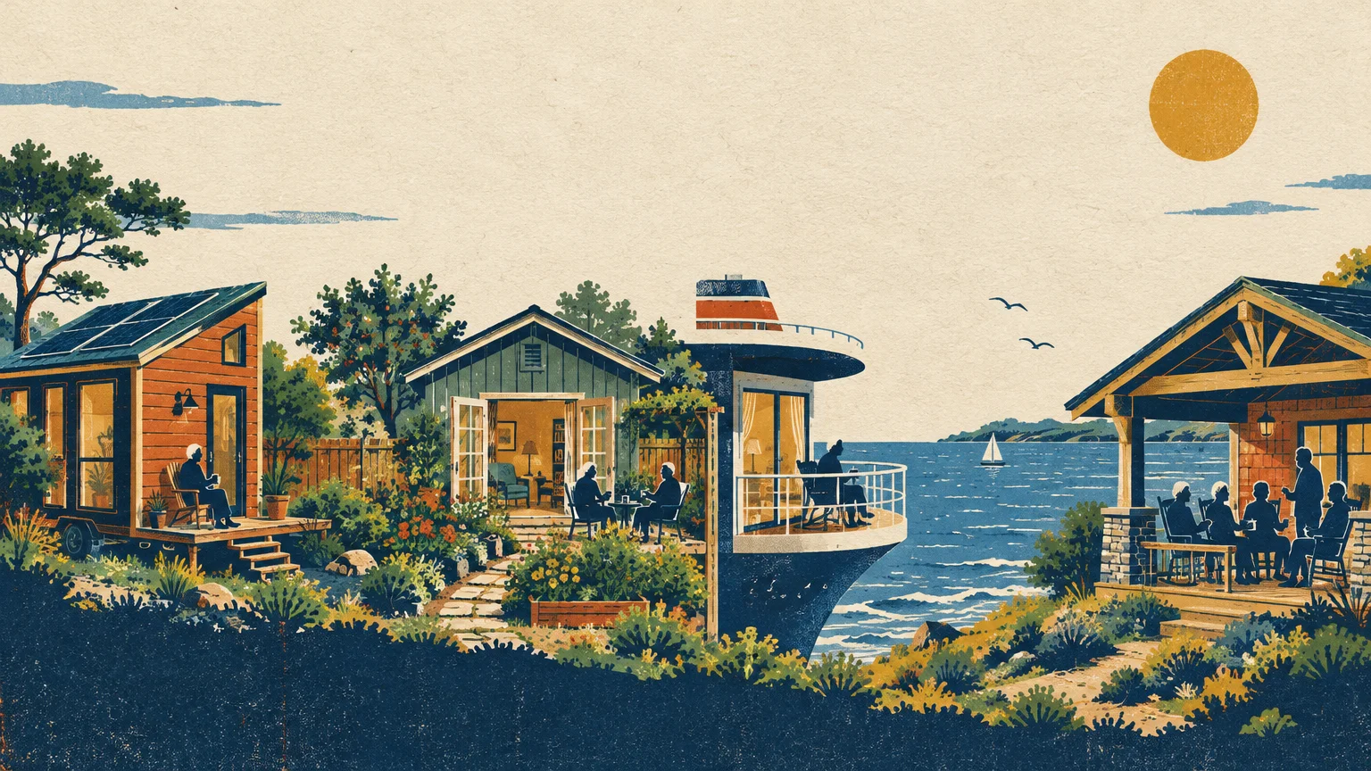 Illustration of seniors relaxing outside various coastal homes, including a tiny house on wheels and a boat-shaped cottage.