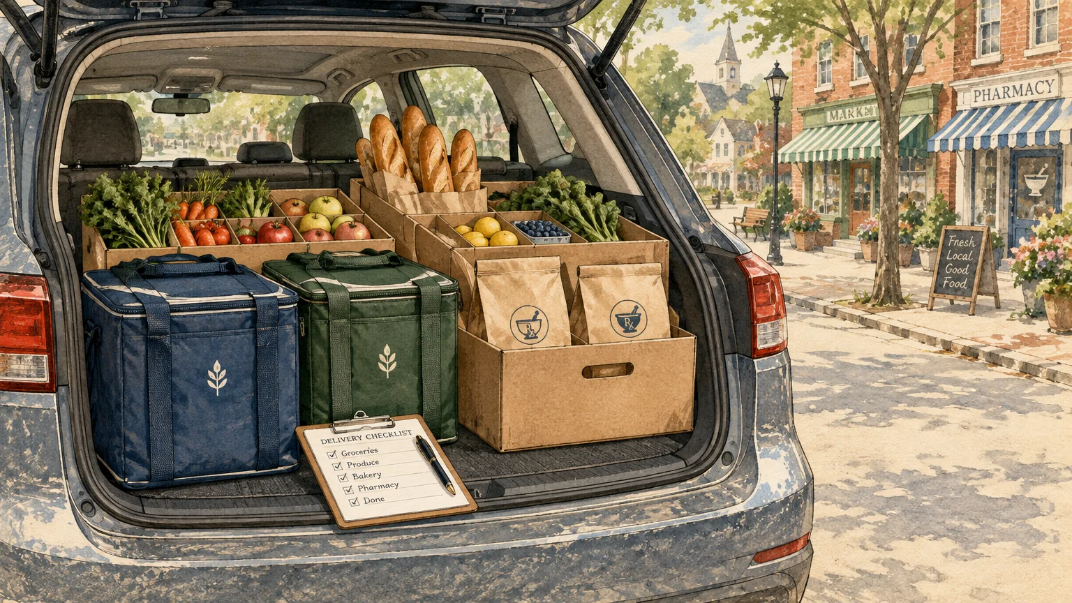 Open car trunk loaded with organized boxes of produce, bread, prescription bags, insulated coolers, and a checklist.