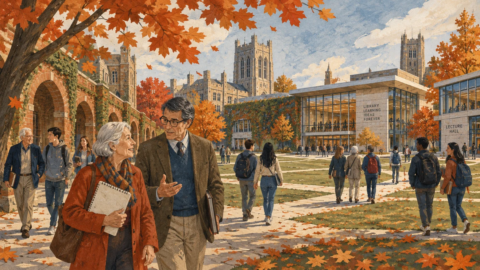 Seniors and college students walk across an autumn university campus with brick collegiate halls and a modern library.