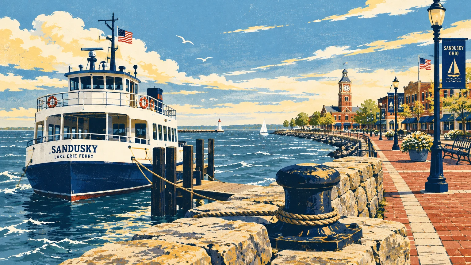 Vintage illustration of a Lake Erie ferry docked at a brick waterfront promenade in Sandusky, Ohio.