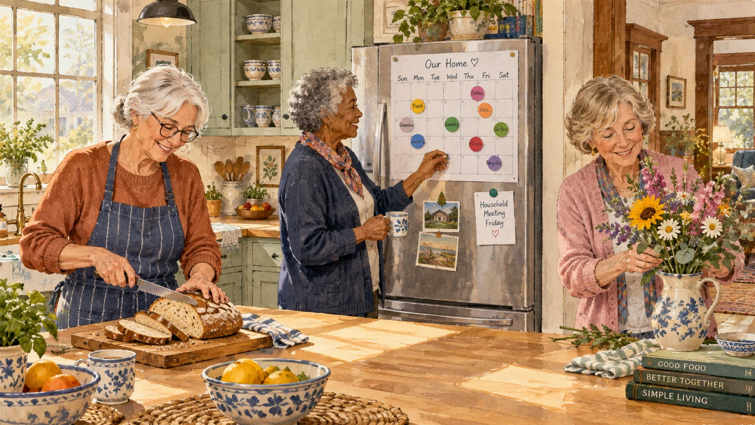 Illustration of three older women in a bright kitchen slicing bread, arranging flowers, and checking a chore chart.