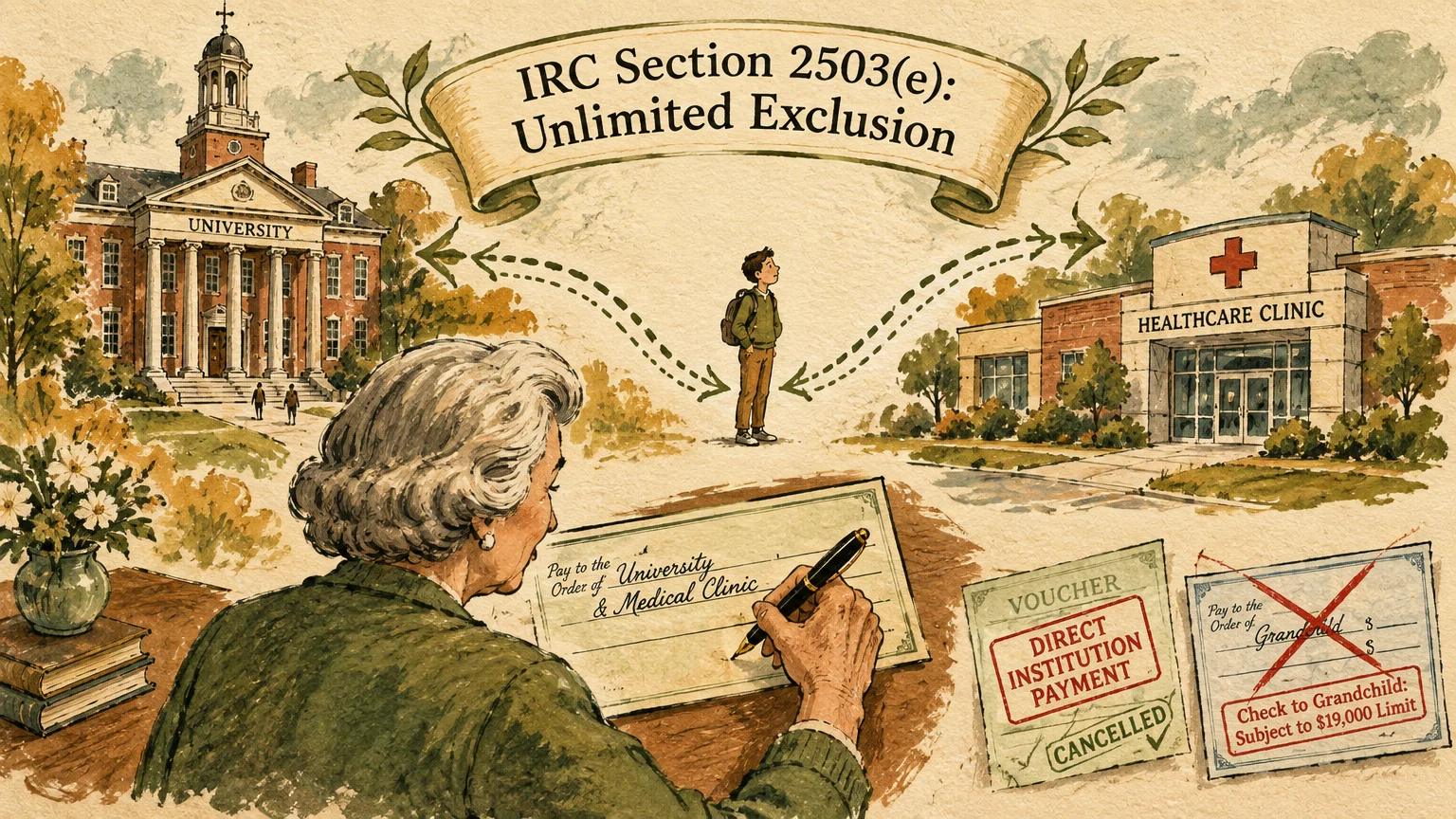 Illustration of a grandmother writing a check directly to a university and clinic rather than to her grandchild.