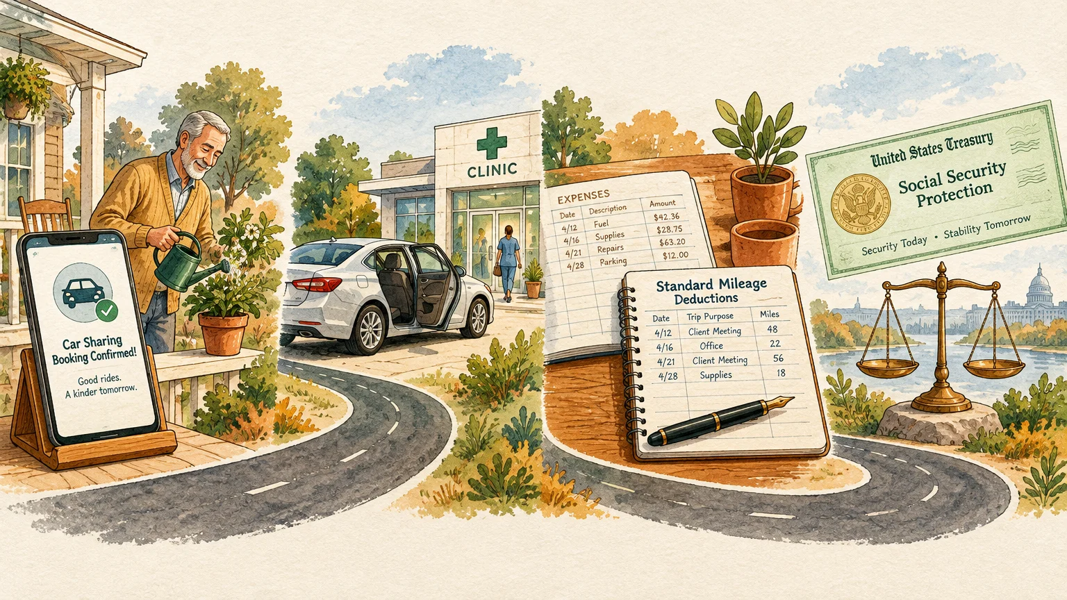 Illustration of a retiree watering plants next to a car, clinic, mileage deduction log, and Social Security check.