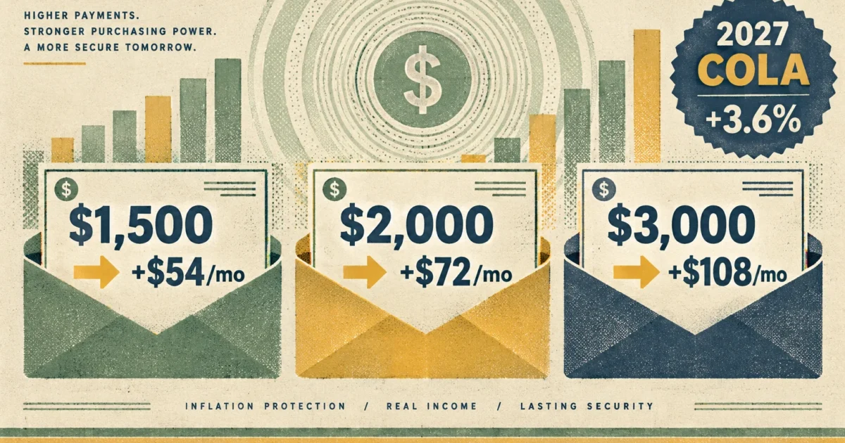 Illustration of three envelopes showing monthly increases of $54, $72, and $108 for $1,500, $2,000, and $3,000 benefits.