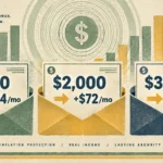 Illustration of three envelopes showing monthly increases of $54, $72, and $108 for $1,500, $2,000, and $3,000 benefits.