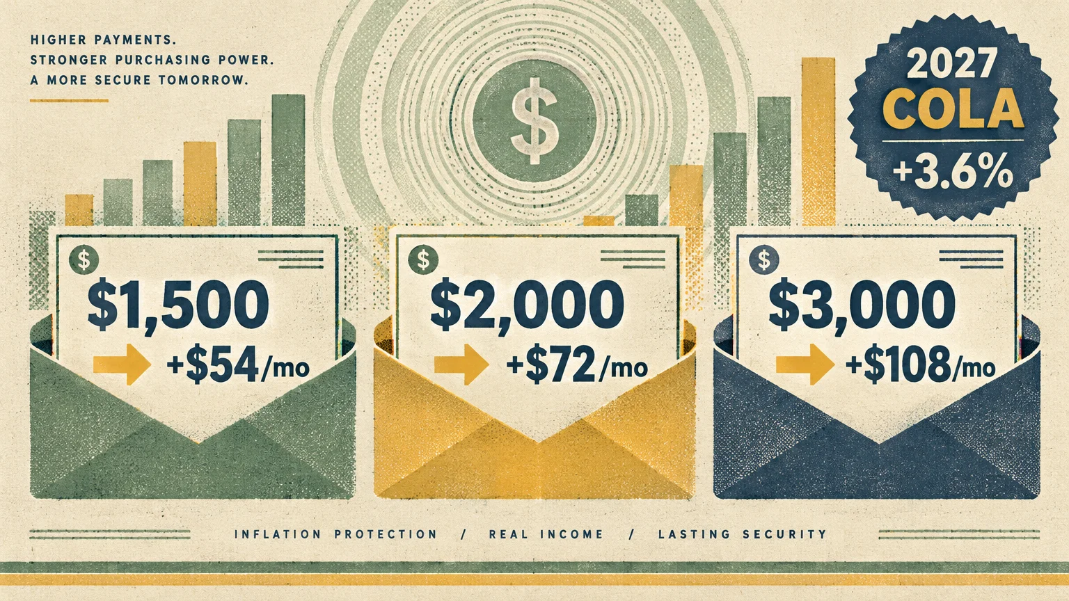 Illustration of three envelopes showing monthly increases of $54, $72, and $108 for $1,500, $2,000, and $3,000 benefits.